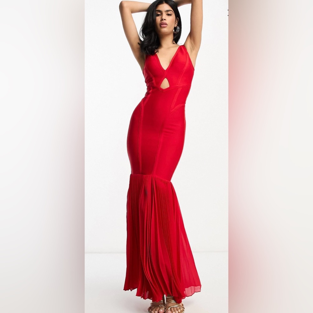 ASOS design premium plunge bandage pleat hem maxi dress
